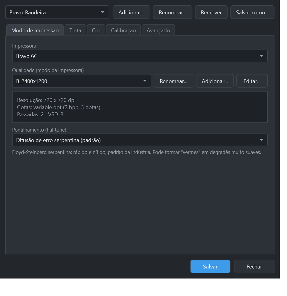 Janela Configurar Mídias com seleção de impressora e modos de impressão